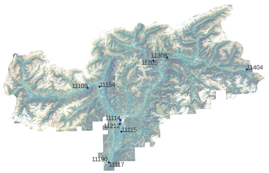 Karte der wichtigsten Wasserläufe Südtirols, Punkte des Kernkontrollnetzes (Quelle: Landesagentur für Umwelt und Klimaschutz)