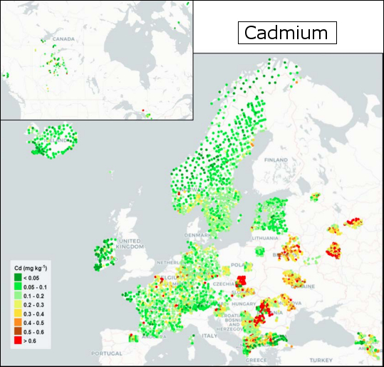 Deposition von Cadmium in Europa. Der Median der Cadmiumkonzentration beträgt in Südtirol im Jahre 2015 ca. die Hälfte des europäischen Durchschnitts. (Quelle: Frontasyeva M., Harmens H., Uzhinskiy A., Chaligava O. and participants of the moss survey (2020). Mosses as biomonitors of air pollution: 2015/2016 survey on heavy metals, nitrogen and POPs in Europe and beyond. Reprot of the ICP Vegetation Moss Survey Coordination Centre, Joint Institute for Nuclear Research, Dubna, Russian Federation, 136 pp.)