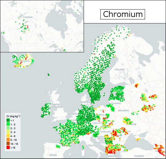 Deposition von Chrom in Europa (Quelle: Frontasyeva M., Harmens H., Uzhinskiy A., Chaligava O. and participants of the moss survey (2020). Mosses as biomonitors of air pollution: 2015/2016 survey on heavy metals, nitrogen and POPs in Europe and beyond. Reprot of the ICP Vegetation Moss Survey Coordination Centre, Joint Institute for Nuclear Research, Dubna, Russian Federation, 136 pp.))