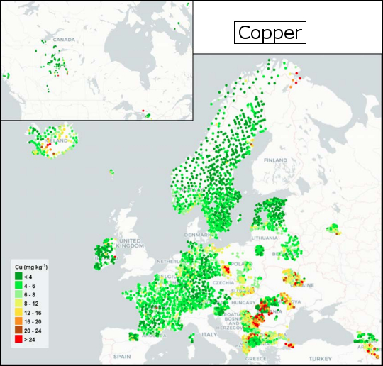 Deposition von Kupfer in Europa (Quelle: Frontasyeva M., Harmens H., Uzhinskiy A., Chaligava O. and participants of the moss survey (2020). Mosses as biomonitors of air pollution: 2015/2016 survey on heavy metals, nitrogen and POPs in Europe and beyond. Reprot of the ICP Vegetation Moss Survey Coordination Centre, Joint Institute for Nuclear Research, Dubna, Russian Federation, 136 pp.)