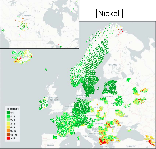 Deposition von Nickel in Europa (Quelle: Frontasyeva M., Harmens H., Uzhinskiy A., Chaligava O. and participants of the moss survey (2020). Mosses as biomonitors of air pollution: 2015/2016 survey on heavy metals, nitrogen and POPs in Europe and beyond. Reprot of the ICP Vegetation Moss Survey Coordination Centre, Joint Institute for Nuclear Research, Dubna, Russian Federation, 136 pp.)