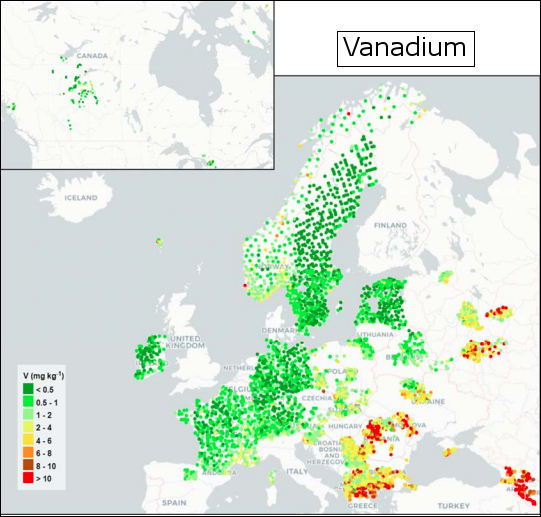 Deposition von Vanadium in Europa (Quelle: Frontasyeva M., Harmens H., Uzhinskiy A., Chaligava O. and participants of the moss survey (2020). Mosses as biomonitors of air pollution: 2015/2016 survey on heavy metals, nitrogen and POPs in Europe and beyond. Reprot of the ICP Vegetation Moss Survey Coordination Centre, Joint Institute for Nuclear Research, Dubna, Russian Federation, 136 pp.)