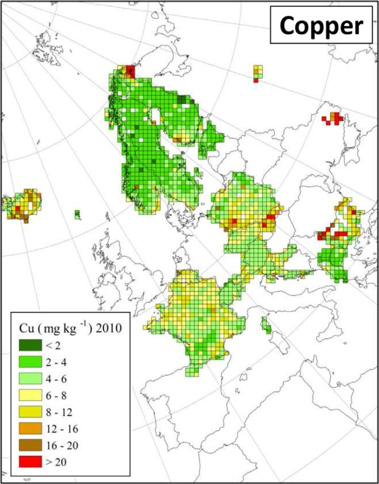 Deposition von Kupfer in Europa (Quelle: H. Harmens et al (2015): Heavy metal and nitrogen concentrations in mosses are declining across Europe whilst some “hotspots” remain in 2010. Environmental Pollution 200 (2015) 93-104.)