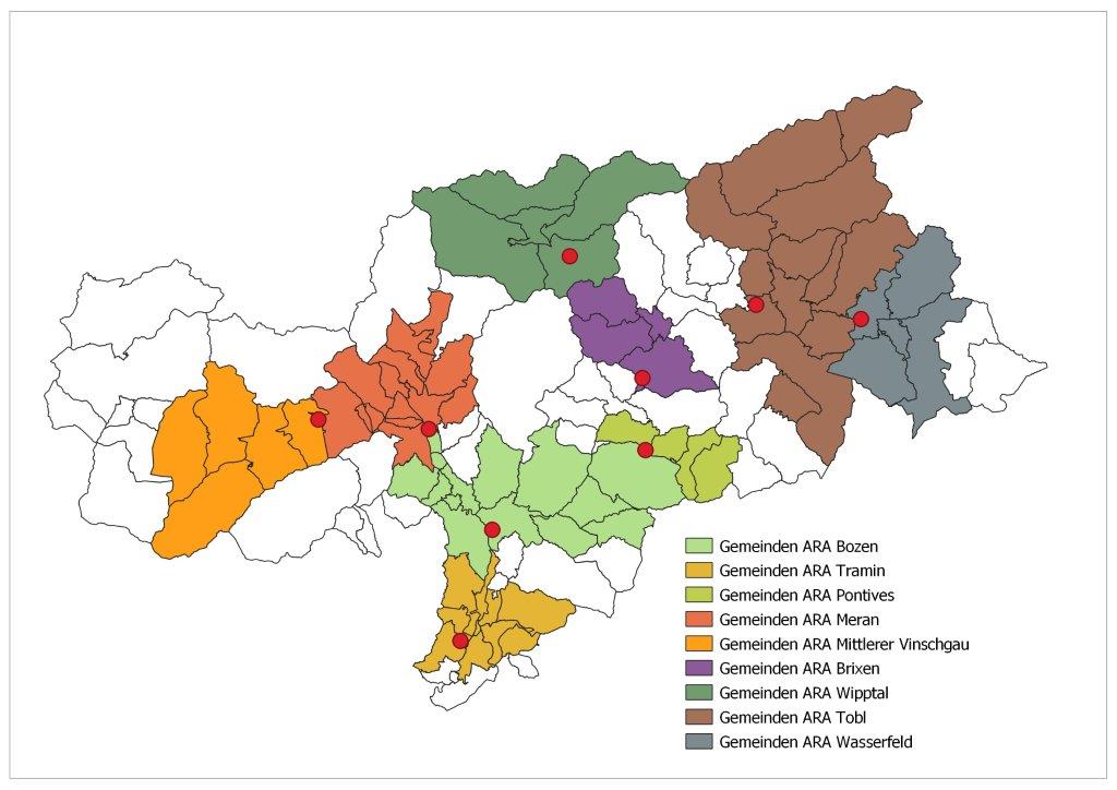 Gemeinden, die an die Kläranlagen angeschlossen sind (Quelle: Landesagentur für Umwelt und Klimaschutz, 2021)
